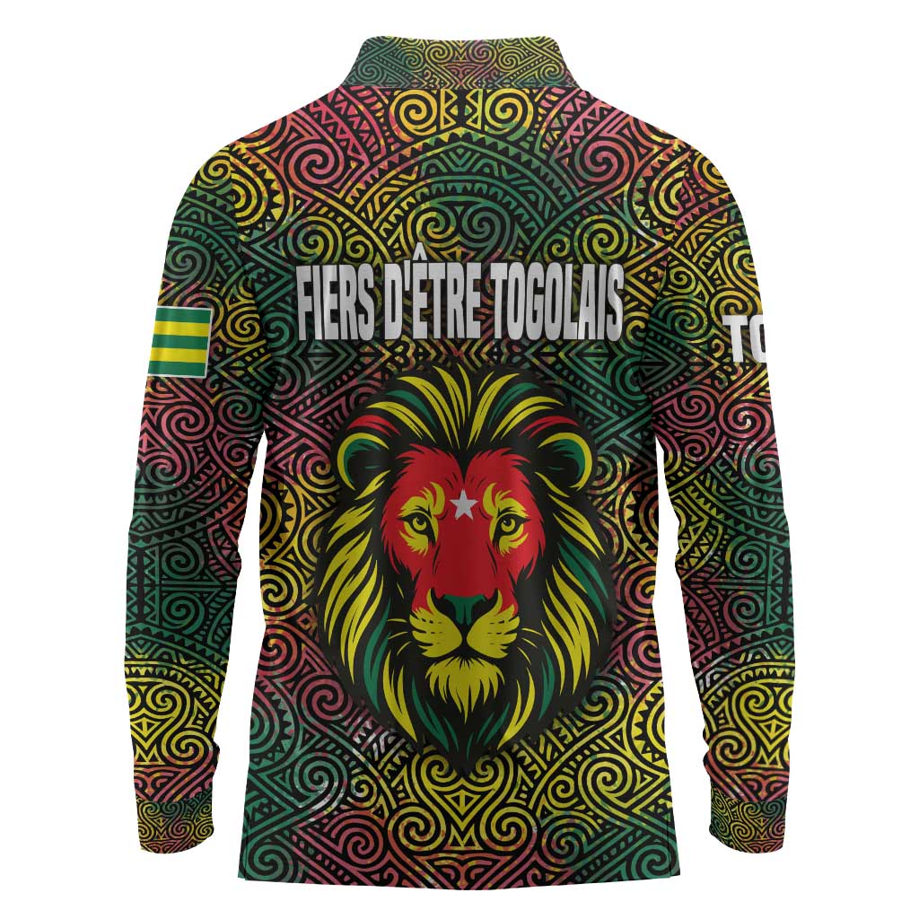 Togo Long Sleeve Polo Shirt Red Lion Head Design and Traditional African Pattern