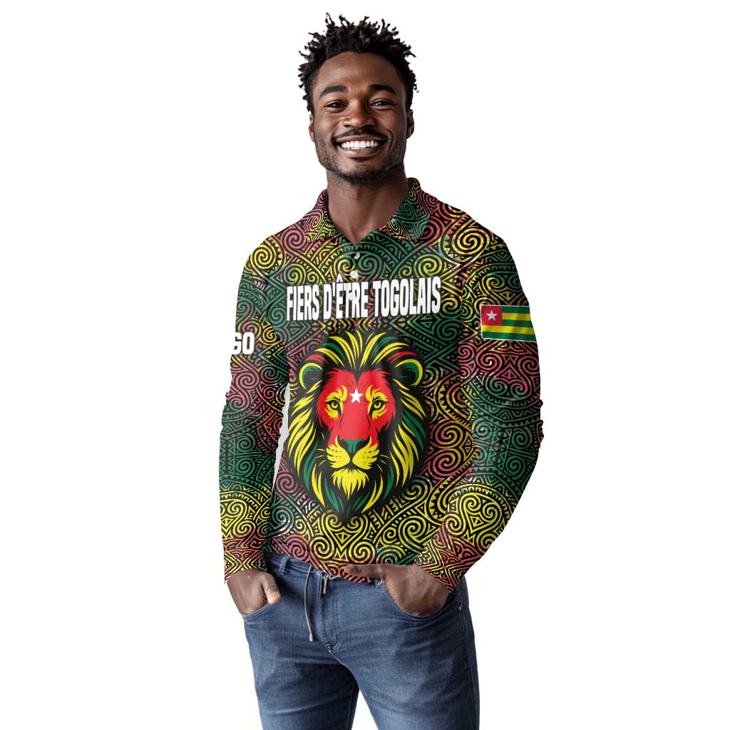 Togo Long Sleeve Polo Shirt Red Lion Head Design and Traditional African Pattern