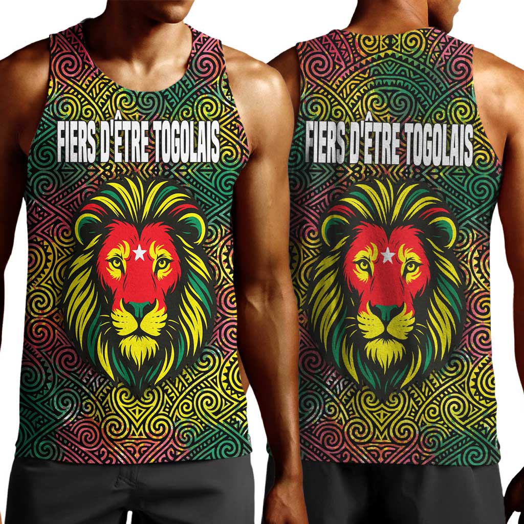Togo Men Tank Top Red Lion Head Design and Traditional African Pattern