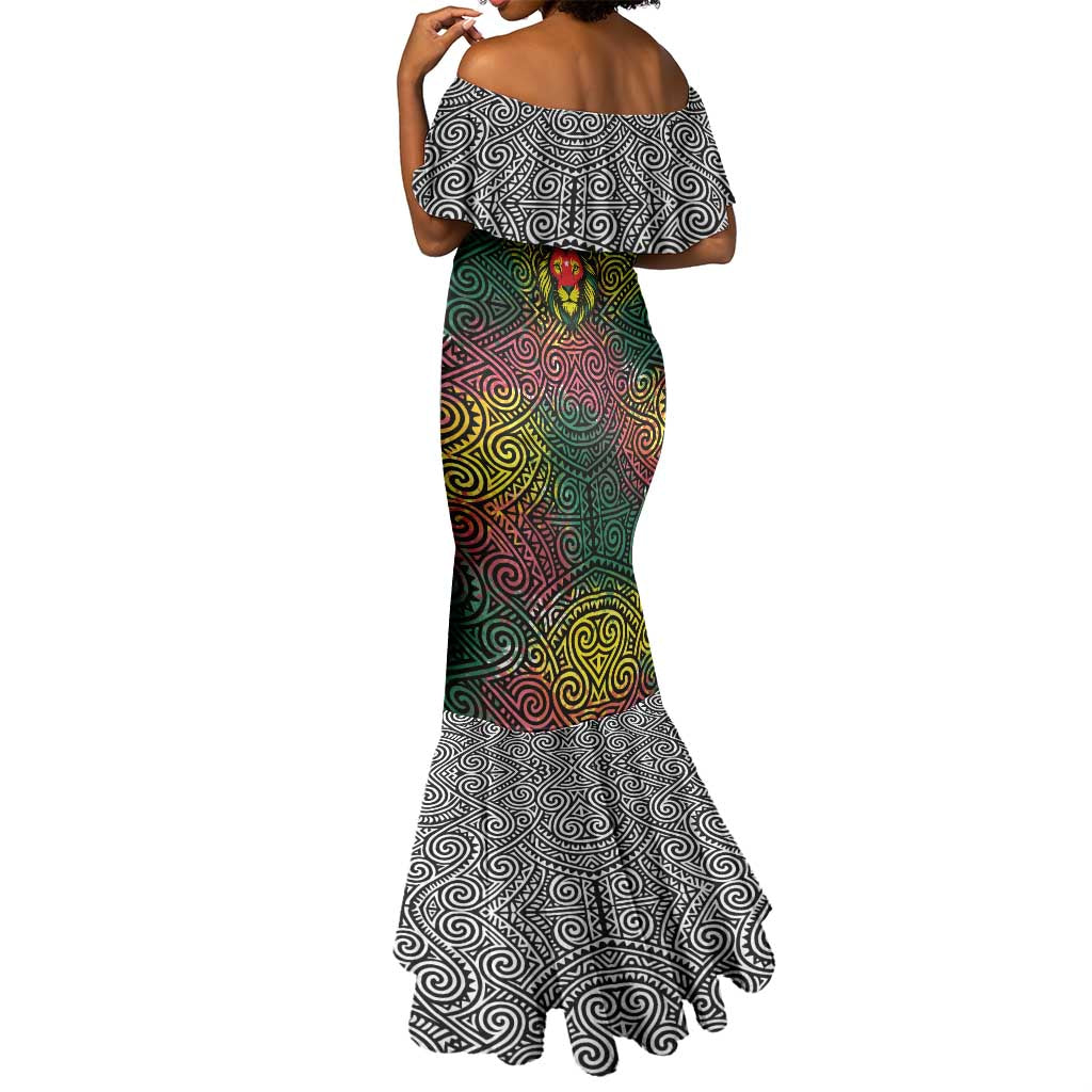 Togo Mermaid Dress Red Lion Head Design and Traditional African Pattern