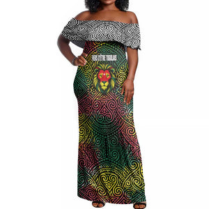 Togo Off Shoulder Maxi Dress Red Lion Head Design and Traditional African Pattern