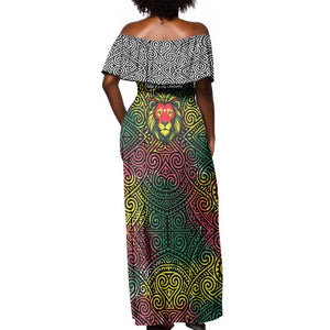 Togo Off Shoulder Maxi Dress Red Lion Head Design and Traditional African Pattern