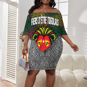 Togo Off Shoulder Short Dress Red Lion Head Design and Traditional African Pattern