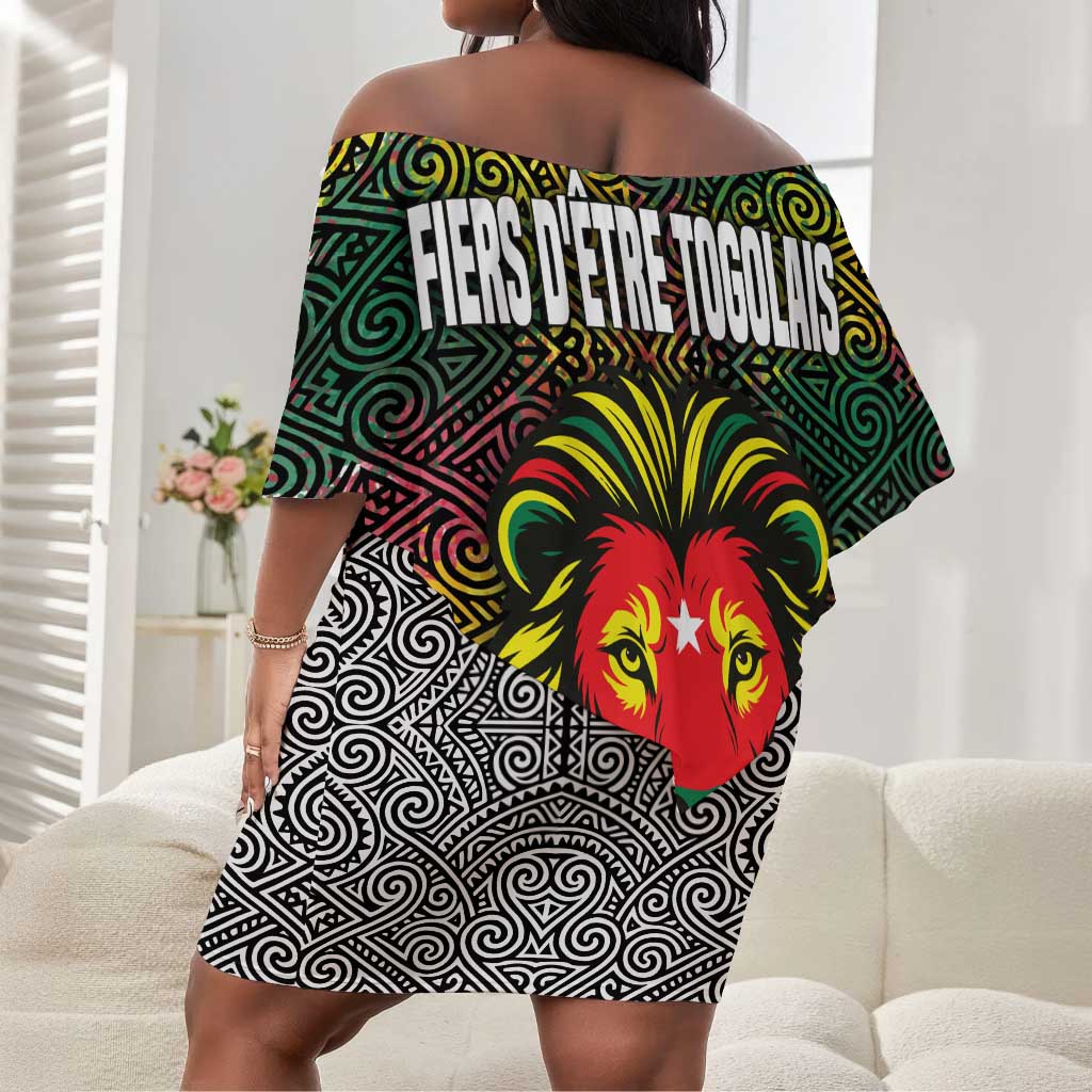 Togo Off Shoulder Short Dress Red Lion Head Design and Traditional African Pattern