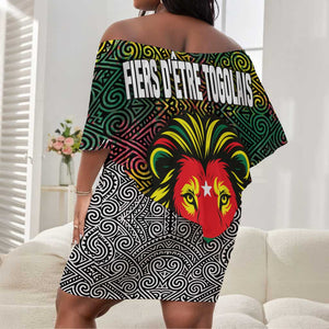 Togo Off Shoulder Short Dress Red Lion Head Design and Traditional African Pattern