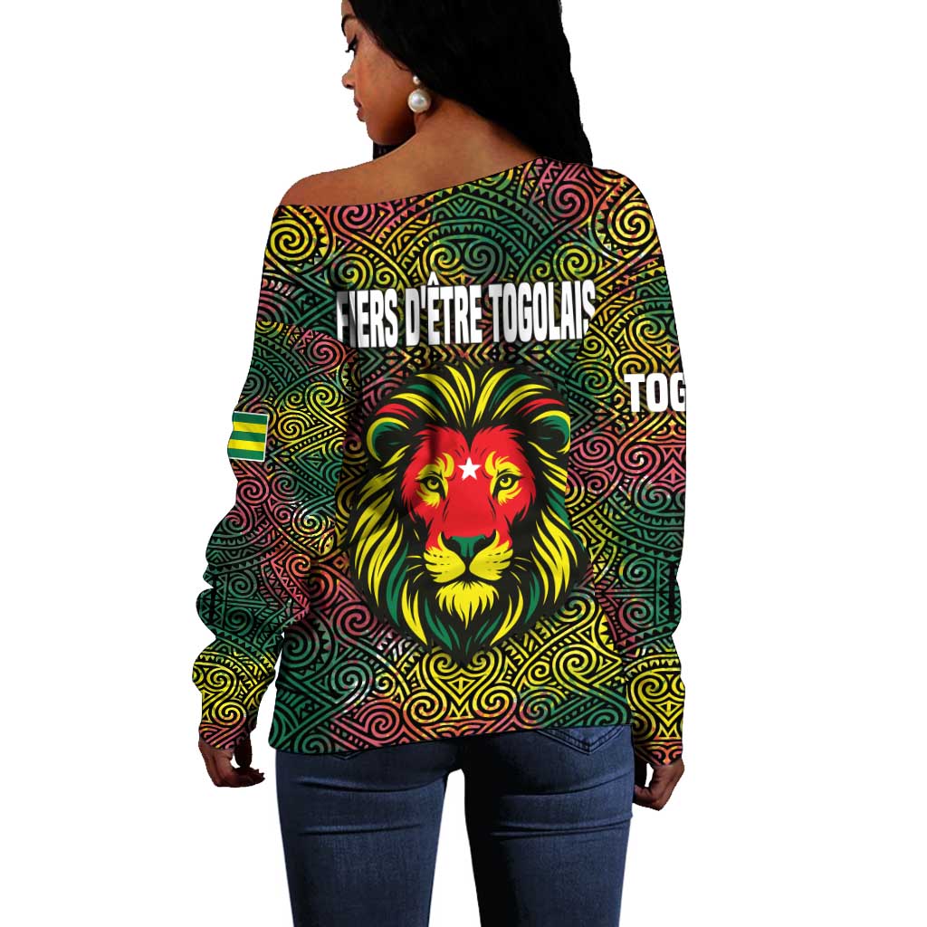 Togo Off Shoulder Sweater Red Lion Head Design and Traditional African Pattern