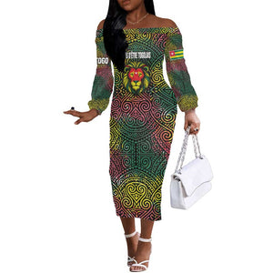 Togo Off The Shoulder Long Sleeve Dress Red Lion Head Design and Traditional African Pattern