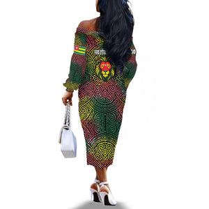 Togo Off The Shoulder Long Sleeve Dress Red Lion Head Design and Traditional African Pattern