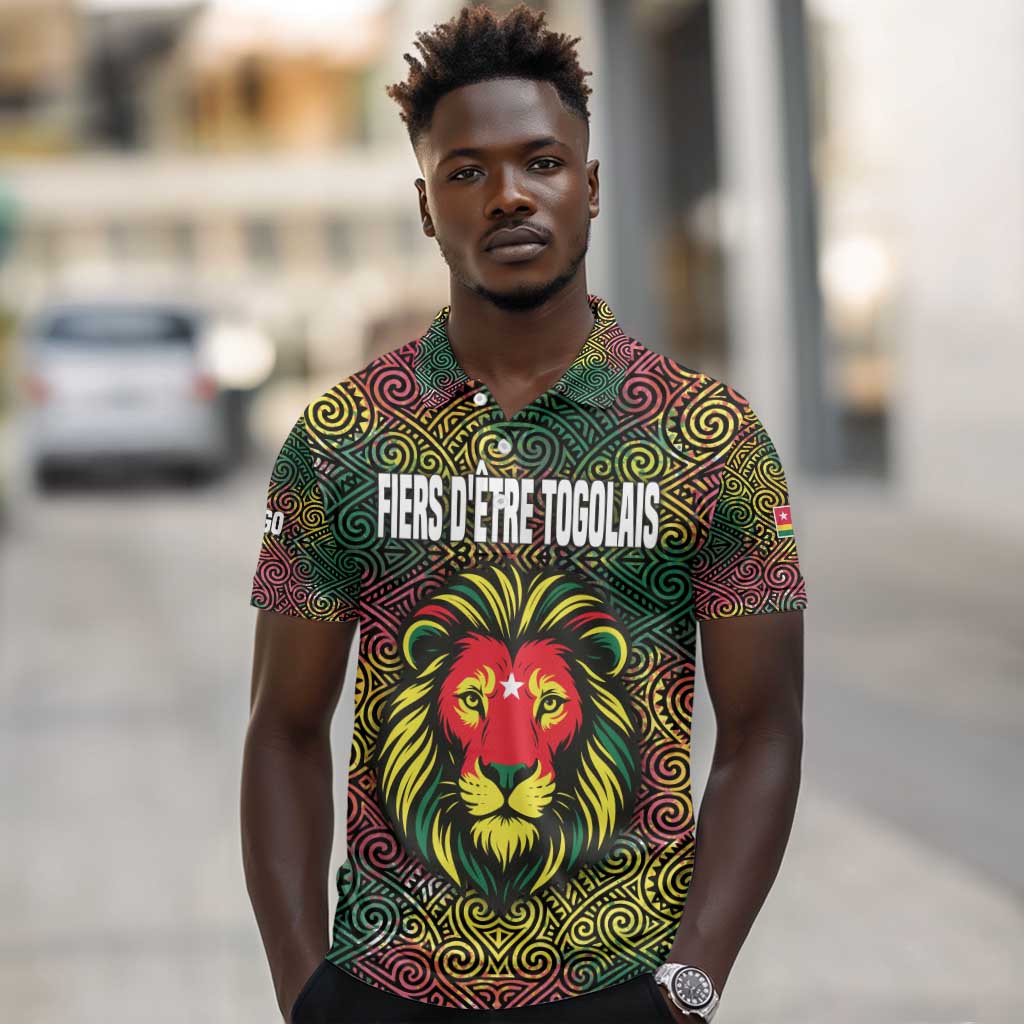 Togo Polo Shirt Red Lion Head Design and Traditional African Pattern