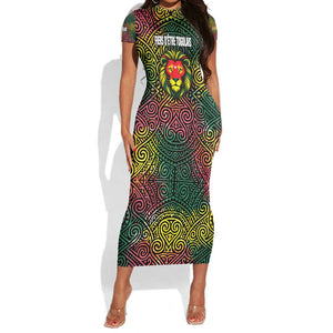 Togo Short Sleeve Bodycon Dress Red Lion Head Design and Traditional African Pattern