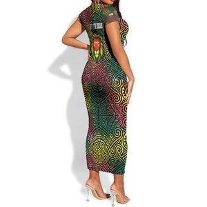Togo Short Sleeve Bodycon Dress Red Lion Head Design and Traditional African Pattern