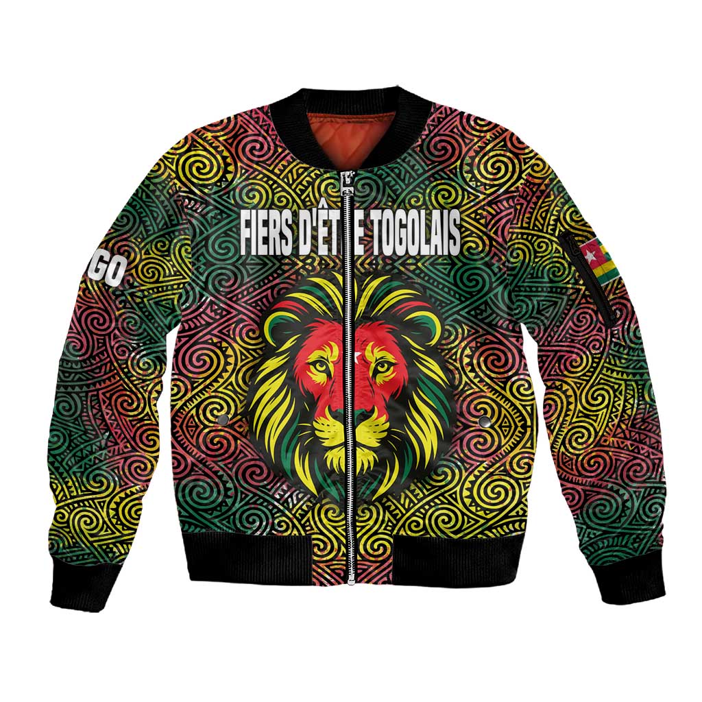 Togo Sleeve Zip Bomber Jacket Red Lion Head Design and Traditional African Pattern
