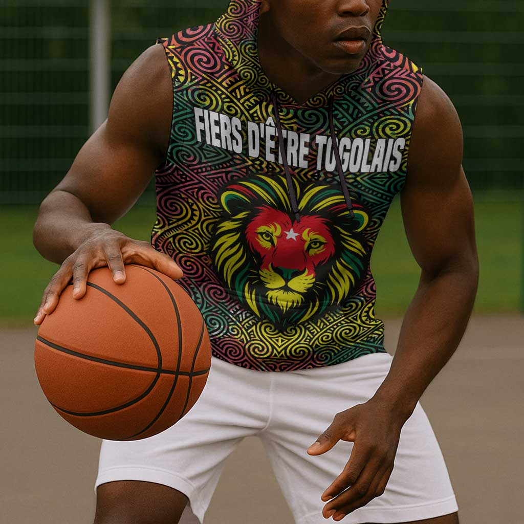 Togo Sleeveless Hoodie Red Lion Head Design and Traditional African Pattern - African Pride