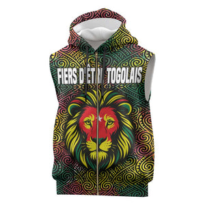 Togo Sleeveless Zip Hoodie Red Lion Head Design and Traditional African Pattern - African Pride