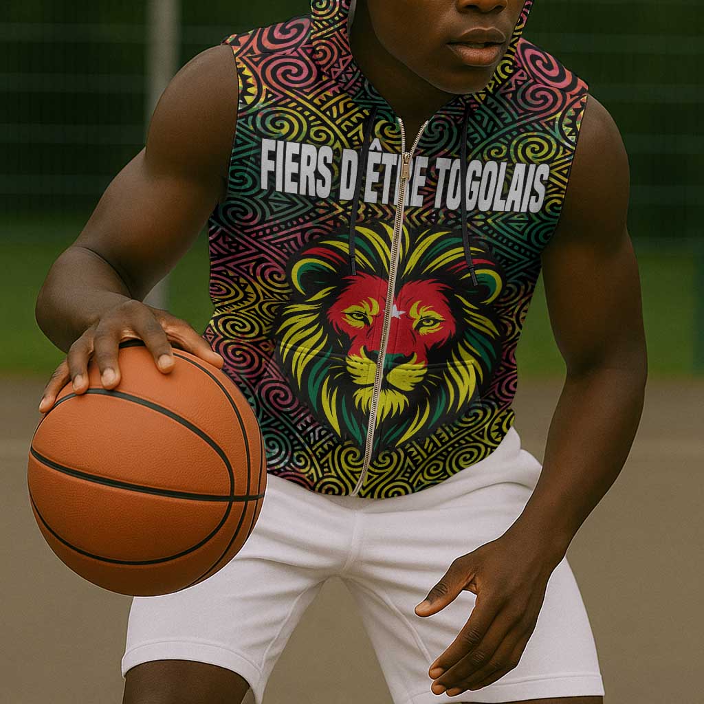 Togo Sleeveless Zip Hoodie Red Lion Head Design and Traditional African Pattern - African Pride