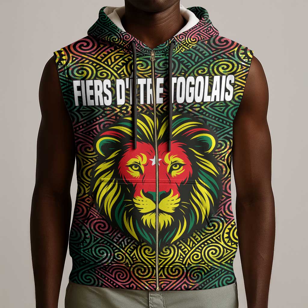Togo Sleeveless Zip Hoodie Red Lion Head Design and Traditional African Pattern - African Pride