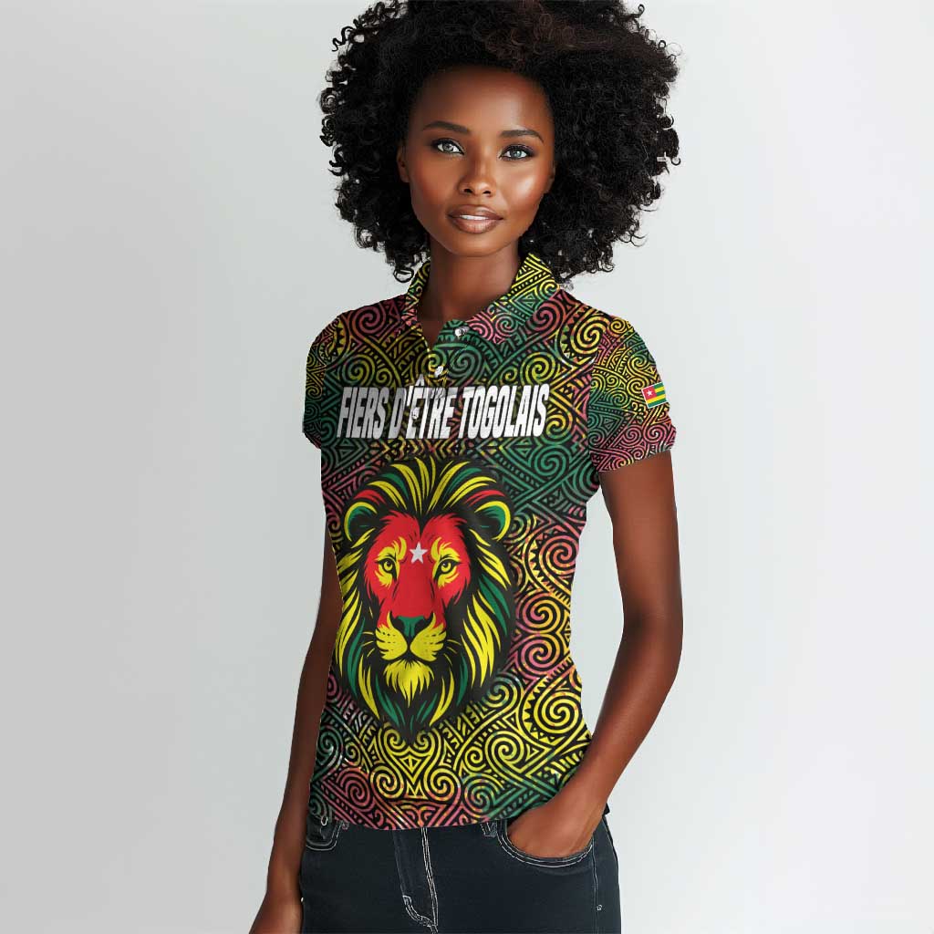 Togo Women Polo Shirt Red Lion Head Design and Traditional African Pattern
