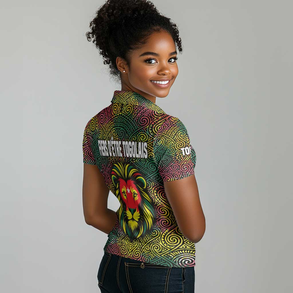 Togo Women Polo Shirt Red Lion Head Design and Traditional African Pattern