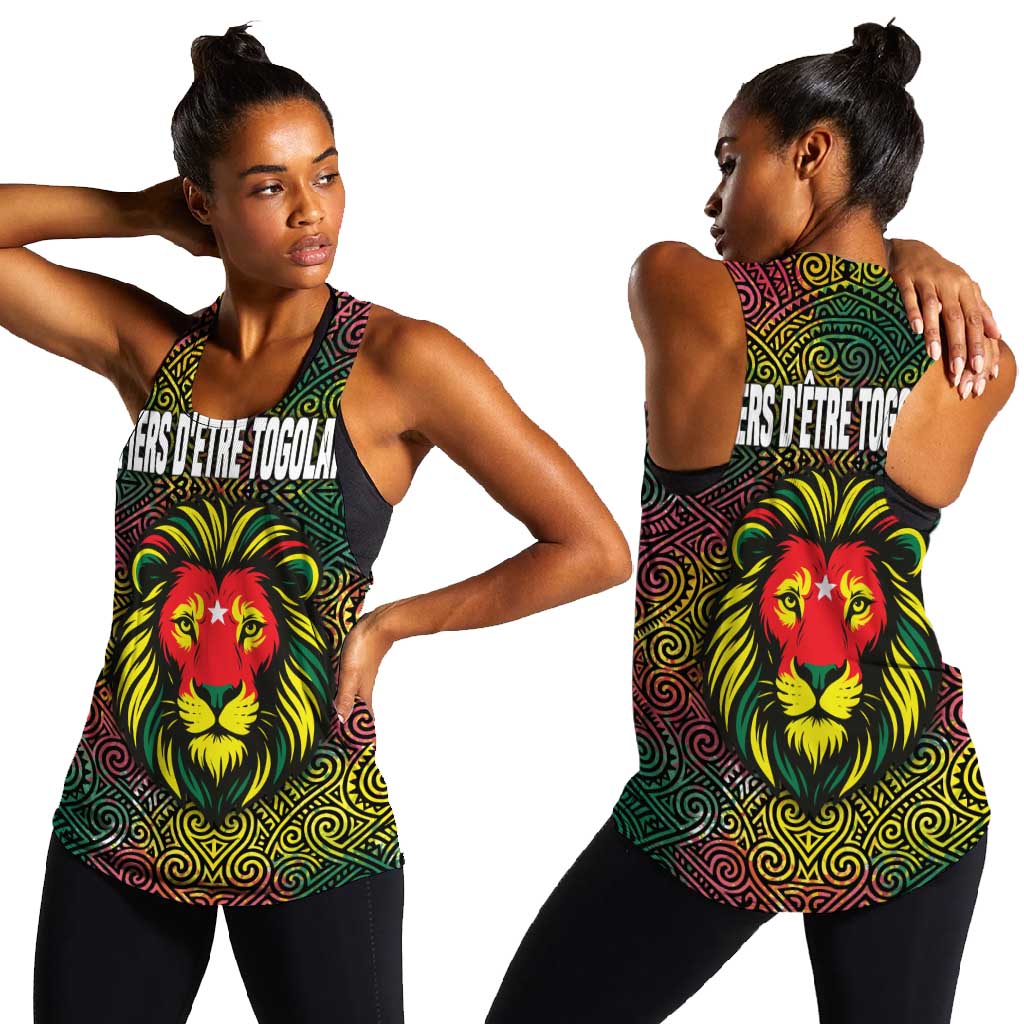 Togo Women Racerback Tank Red Lion Head Design and Traditional African Pattern