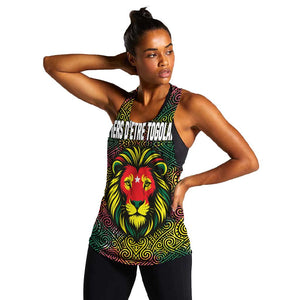 Togo Women Racerback Tank Red Lion Head Design and Traditional African Pattern