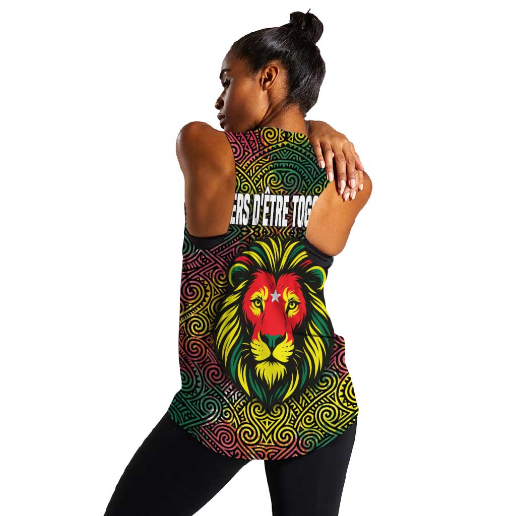 Togo Women Racerback Tank Red Lion Head Design and Traditional African Pattern