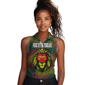 Togo Women Sleeveless Polo Shirt Red Lion Head Design and Traditional African Pattern