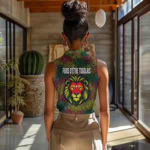 Togo Women Sleeveless Polo Shirt Red Lion Head Design and Traditional African Pattern