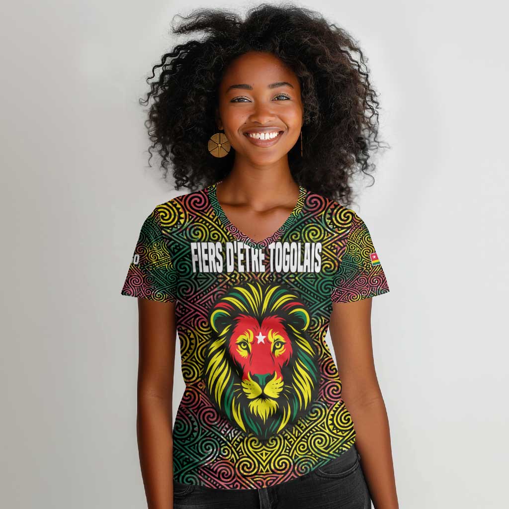 Togo Women V-Neck T-Shirt Red Lion Head Design and Traditional African Pattern