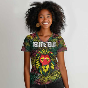 Togo Women V-Neck T-Shirt Red Lion Head Design and Traditional African Pattern
