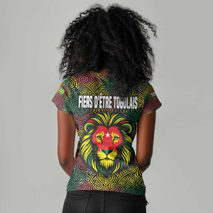 Togo Women V-Neck T-Shirt Red Lion Head Design and Traditional African Pattern