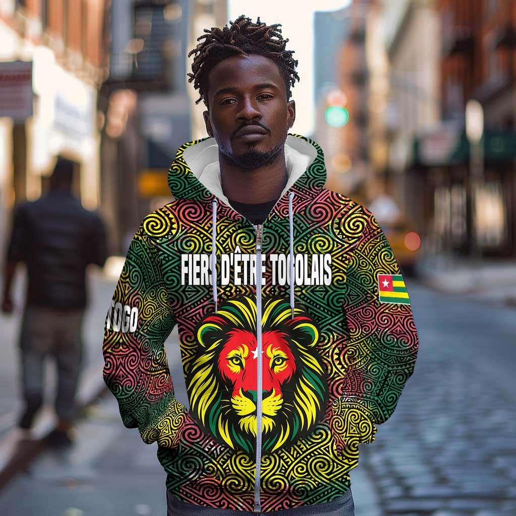 Togo Zip Hoodie Red Lion Head Design and Traditional African Pattern