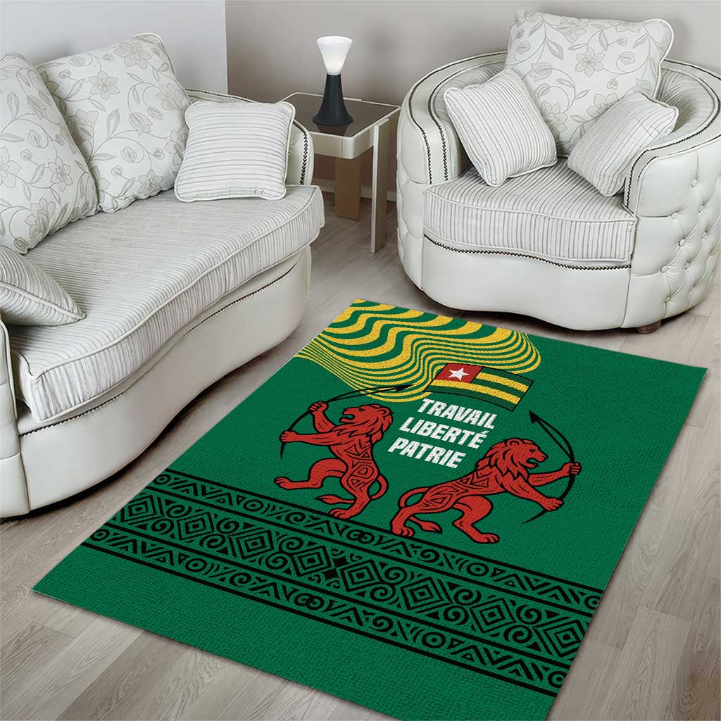 Togo Area Rug - Red Twin Lions and Travail Liberté Patrie Slogan