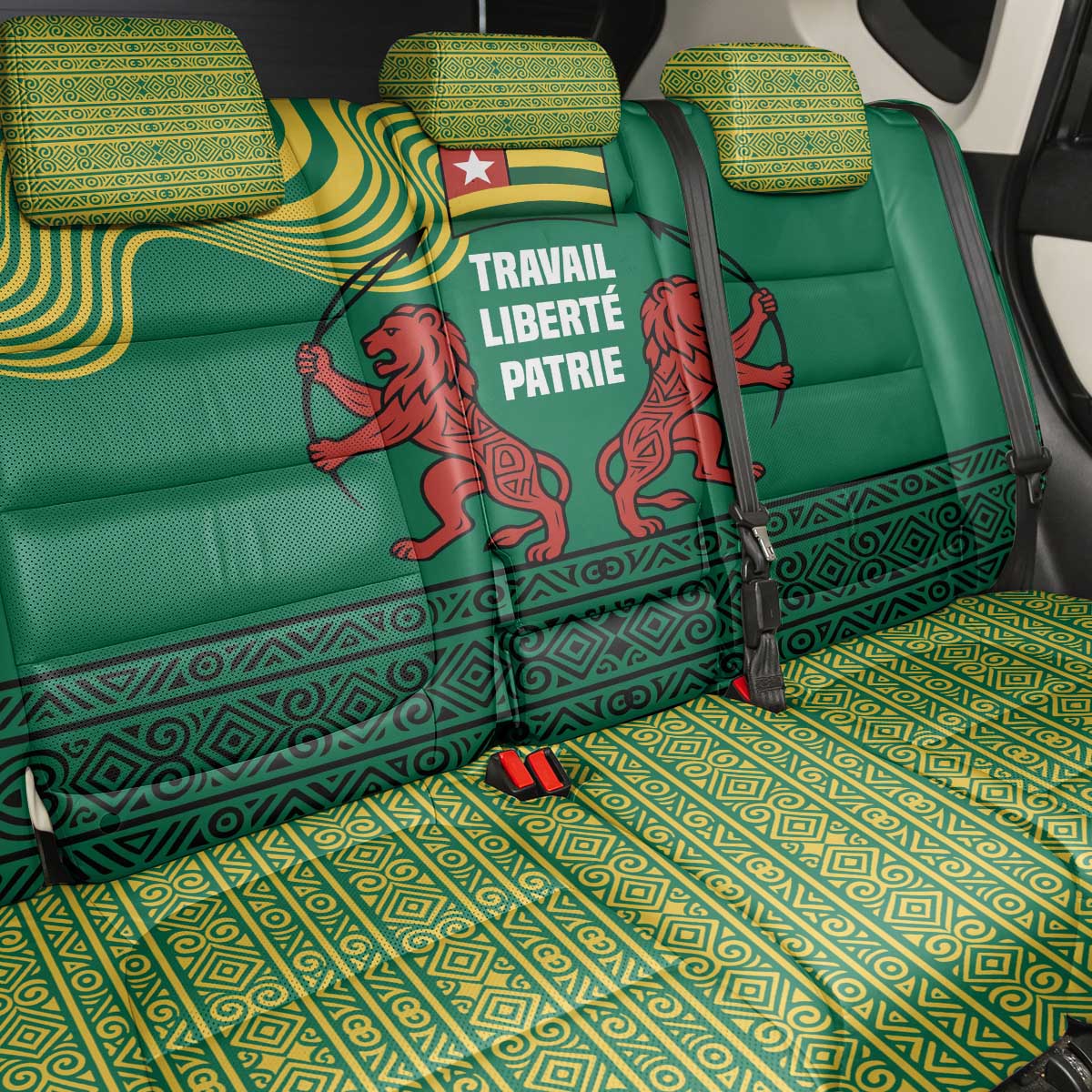 Togo Back Car Seat Cover - Red Twin Lions and Travail Liberté Patrie Slogan