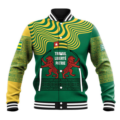 Togo Baseball Jacket - Red Twin Lions and Travail Liberté Patrie Slogan
