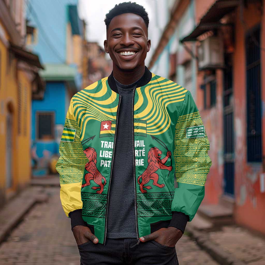 Togo Bomber Jacket - Red Twin Lions and Travail Liberté Patrie Slogan