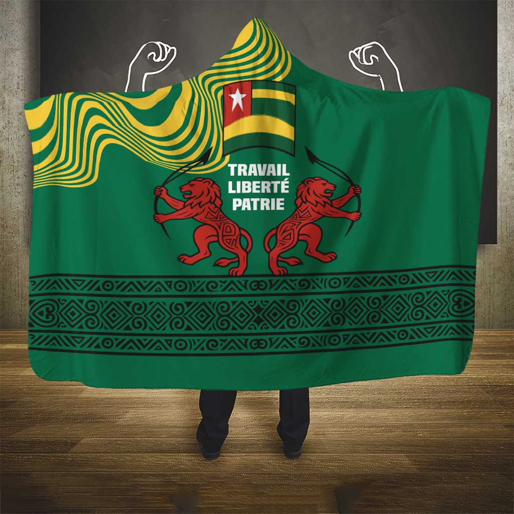 Togo Hooded Blanket - Red Twin Lions and Travail Liberté Patrie Slogan