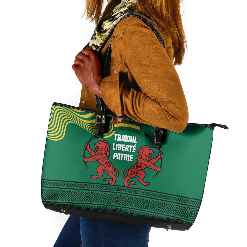 Togo Leather Tote Bag - Red Twin Lions and Travail Liberté Patrie Slogan