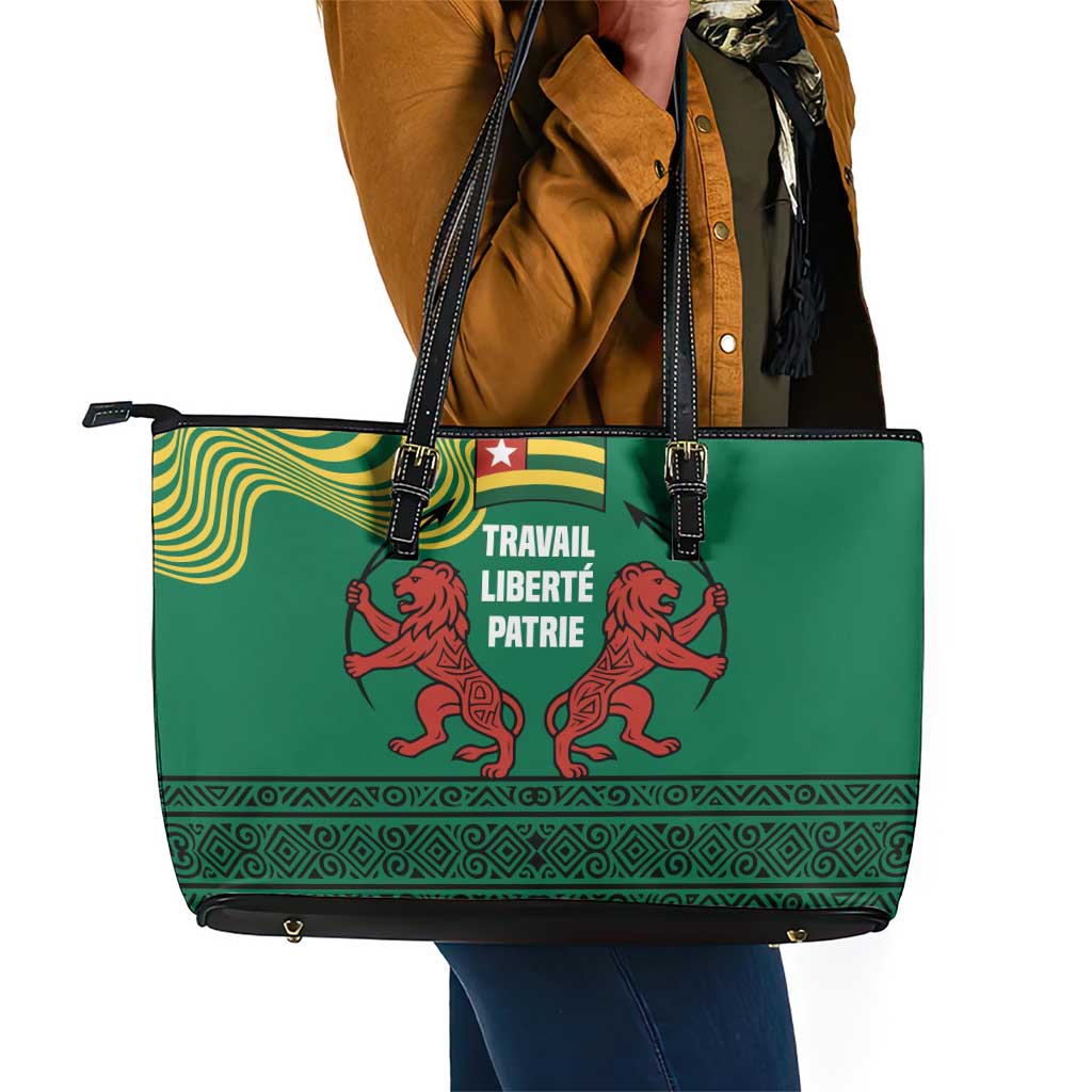 Togo Leather Tote Bag - Red Twin Lions and Travail Liberté Patrie Slogan
