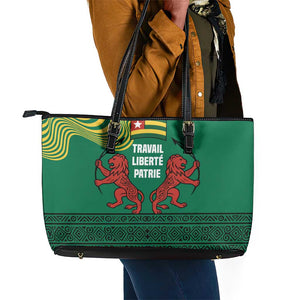 Togo Leather Tote Bag - Red Twin Lions and Travail Liberté Patrie Slogan