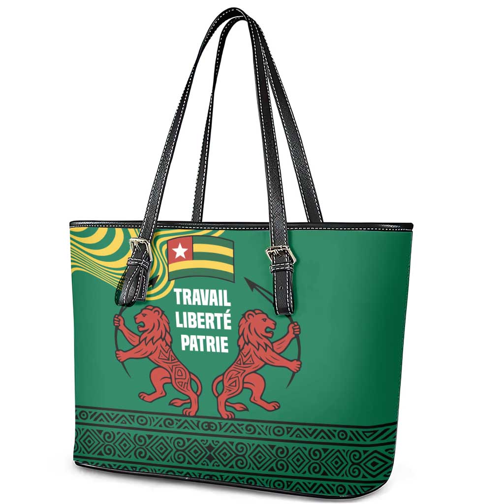 Togo Leather Tote Bag - Red Twin Lions and Travail Liberté Patrie Slogan