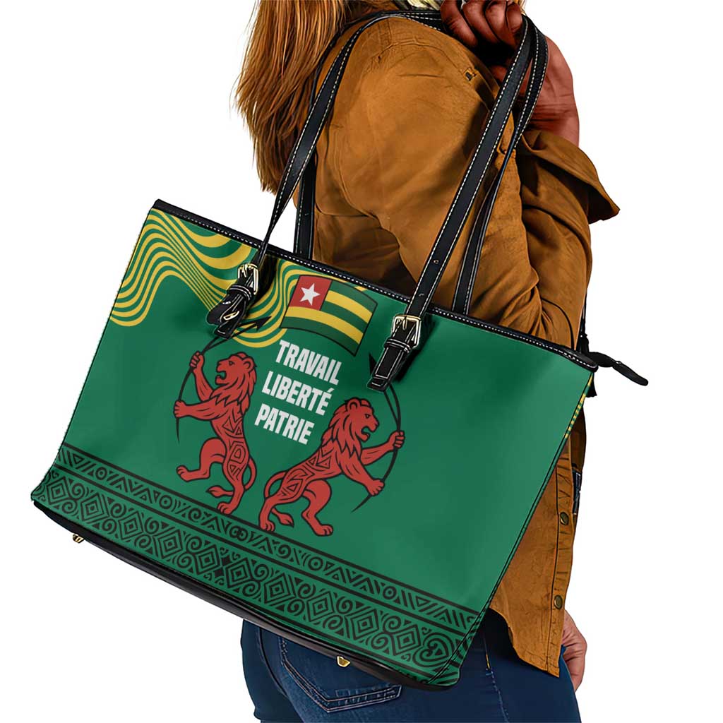 Togo Leather Tote Bag - Red Twin Lions and Travail Liberté Patrie Slogan