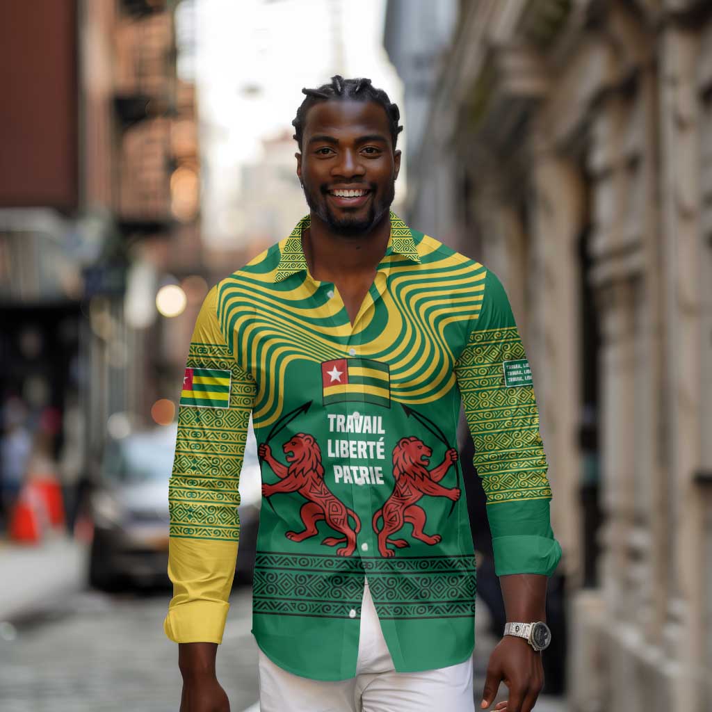 Togo Long Sleeve Button Shirt - Red Twin Lions and Travail Liberté Patrie Slogan