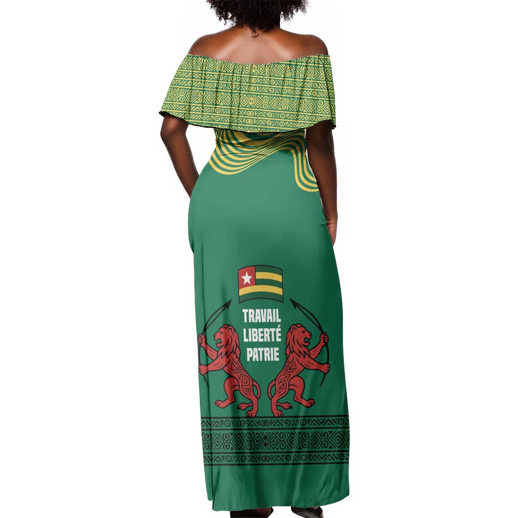 Togo Off Shoulder Maxi Dress - Red Twin Lions and Travail Liberté Patrie Slogan