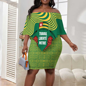 Togo Off Shoulder Short Dress - Red Twin Lions and Travail Liberté Patrie Slogan