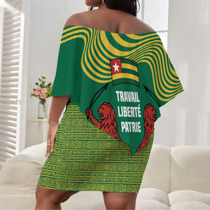 Togo Off Shoulder Short Dress - Red Twin Lions and Travail Liberté Patrie Slogan