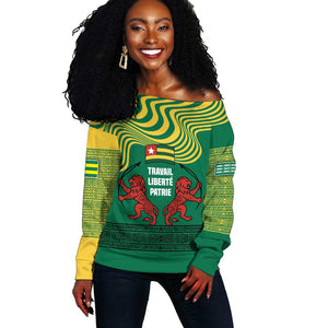 Togo Off Shoulder Sweater - Red Twin Lions and Travail Liberté Patrie Slogan