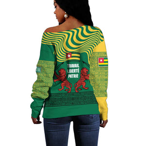 Togo Off Shoulder Sweater - Red Twin Lions and Travail Liberté Patrie Slogan