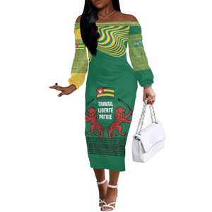 Togo Off The Shoulder Long Sleeve Dress - Red Twin Lions and Travail Liberté Patrie Slogan