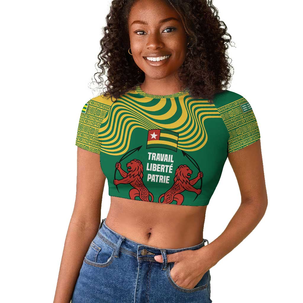 Togo Raglan Cropped T shirt - Red Twin Lions and Travail Liberté Patrie Slogan
