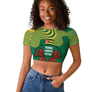 Togo Raglan Cropped T shirt - Red Twin Lions and Travail Liberté Patrie Slogan